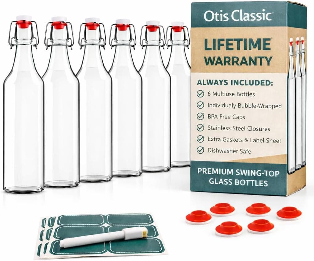 Otis Classic Swing Top Glass Bottles - Set of 6, 16oz w/ Marker & Labels