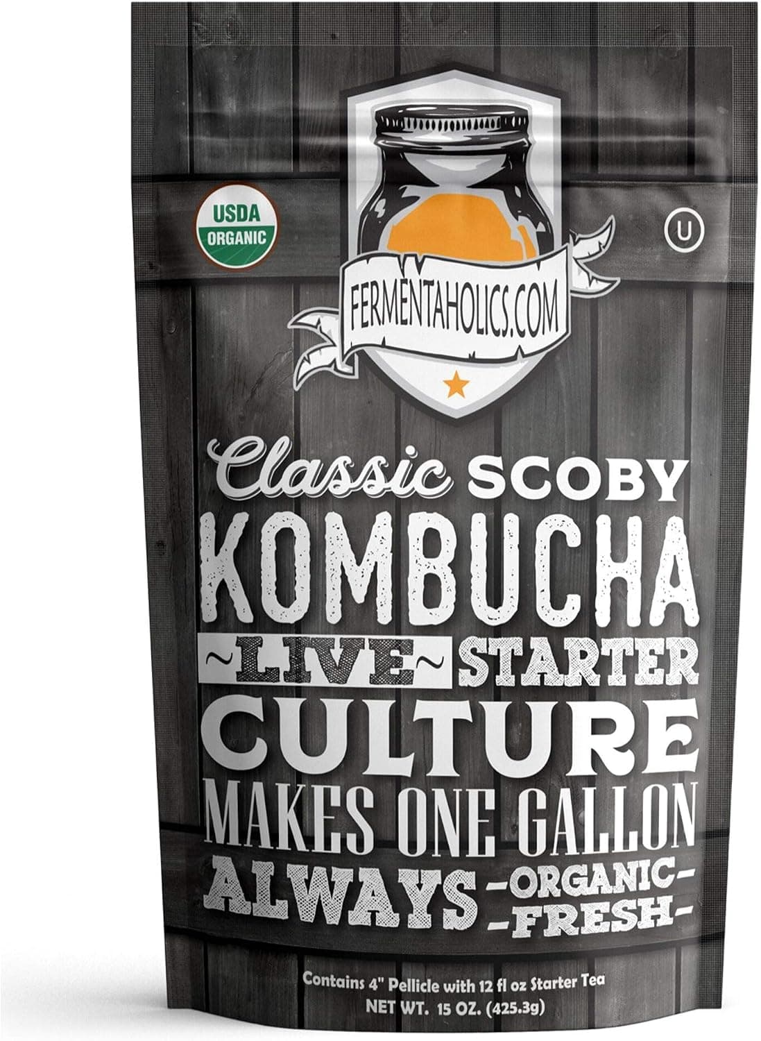 Fermentaholics Organic Kombucha SCOBY with 12oz Starter Tea (1 Gallon)