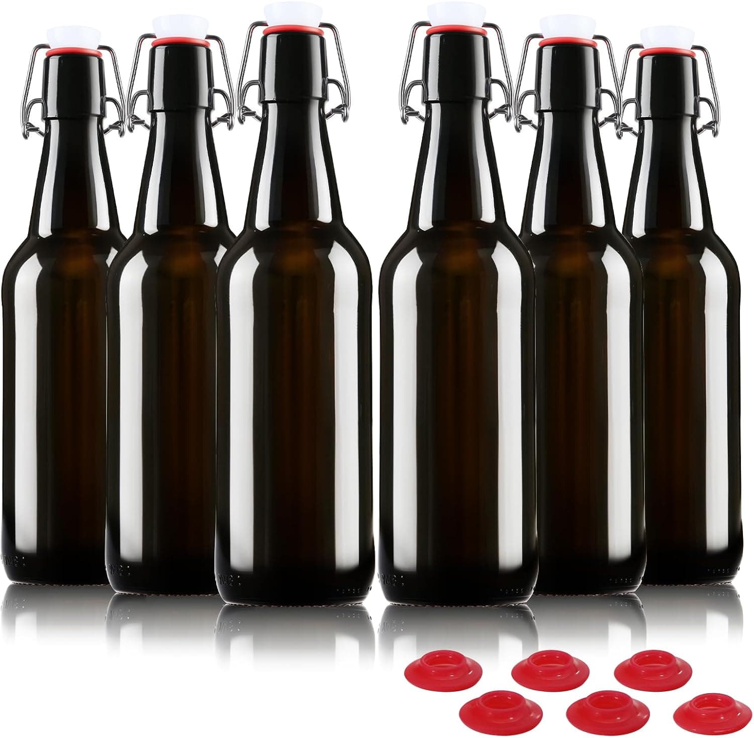 YEBODA 16 oz Amber Glass Beer Bottles for Home Brewing with Flip Caps, Case of 6