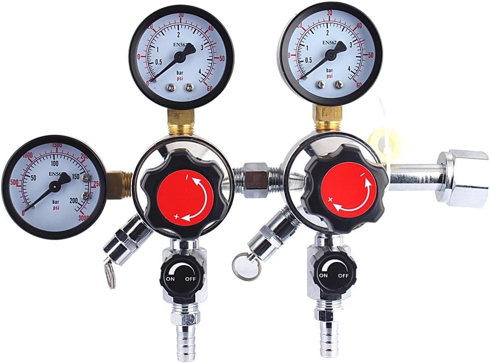Dual Gauge CO2 Beer Regulator, CGA-320 inlet, 0-60 PSI Working, 0-3000 PSI Tank, Safety Relief Valve