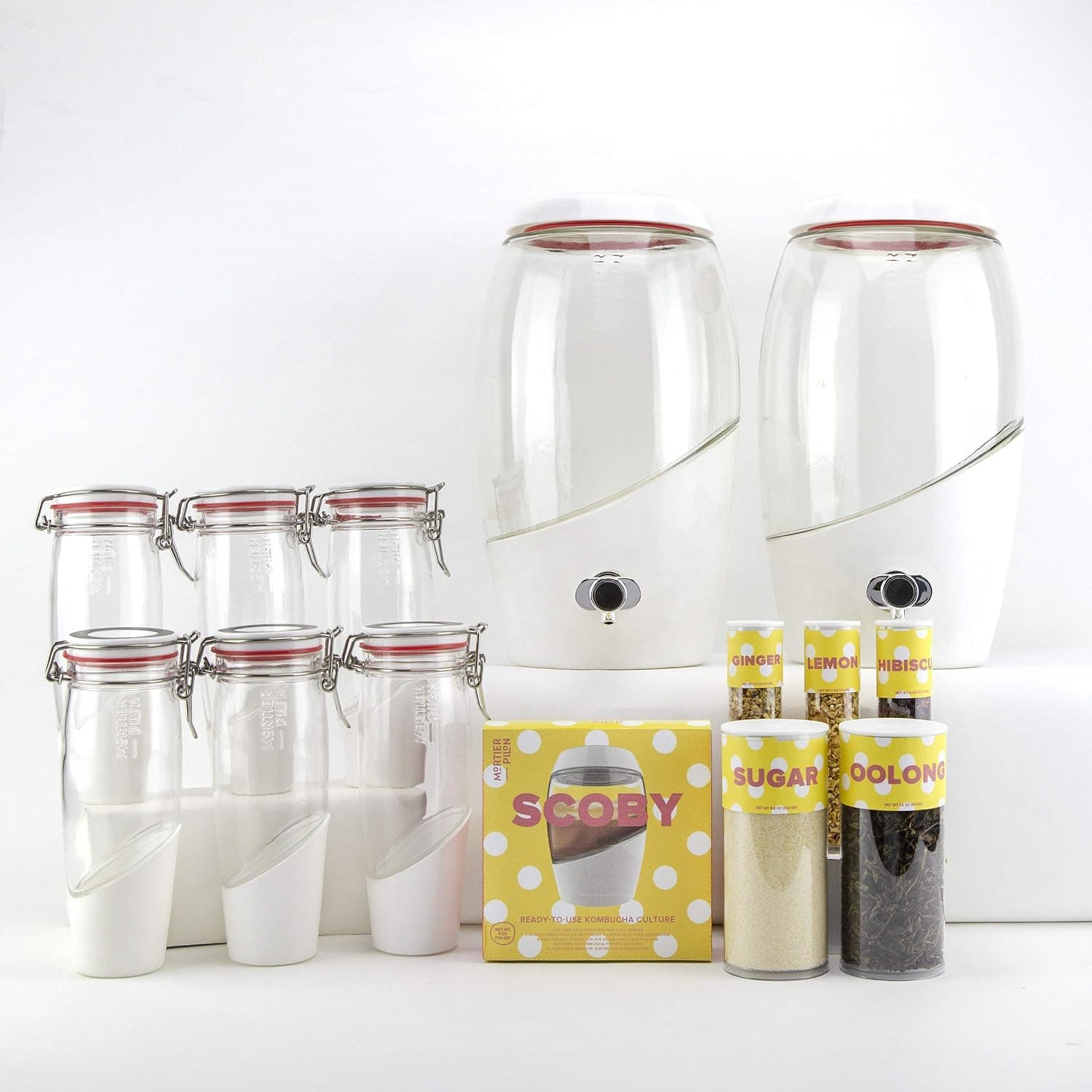 Mortier Pilon - Premium Kombucha Continuous Brewing Starter Kit - 2 Jars + 6 Bottles + Ingredients