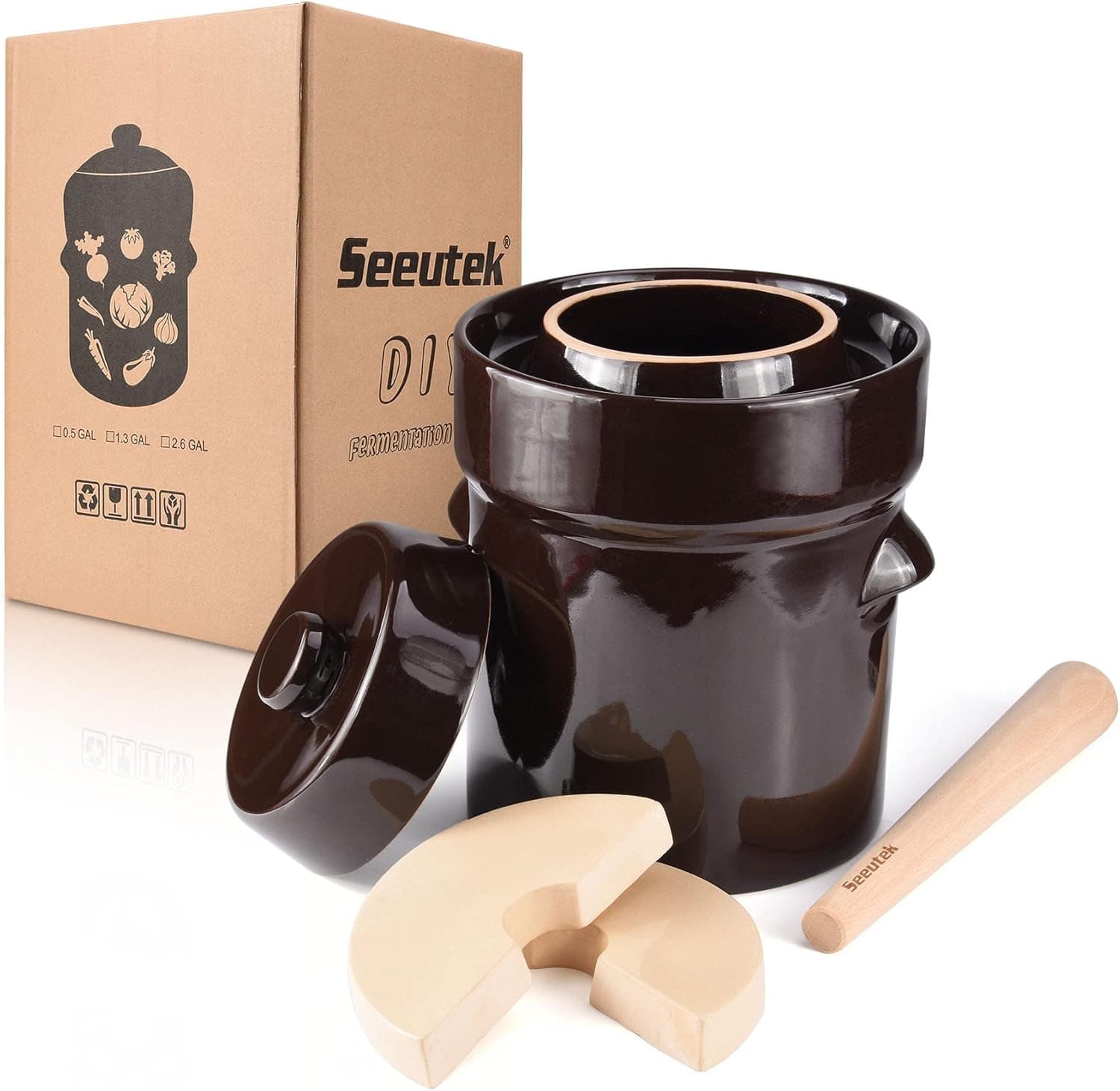 Seeutek Fermentation Crock Jar 2 Liter / 0.5 Gallon - Stoneware Pot with Stone Weights, Lid & Pickle Tamper