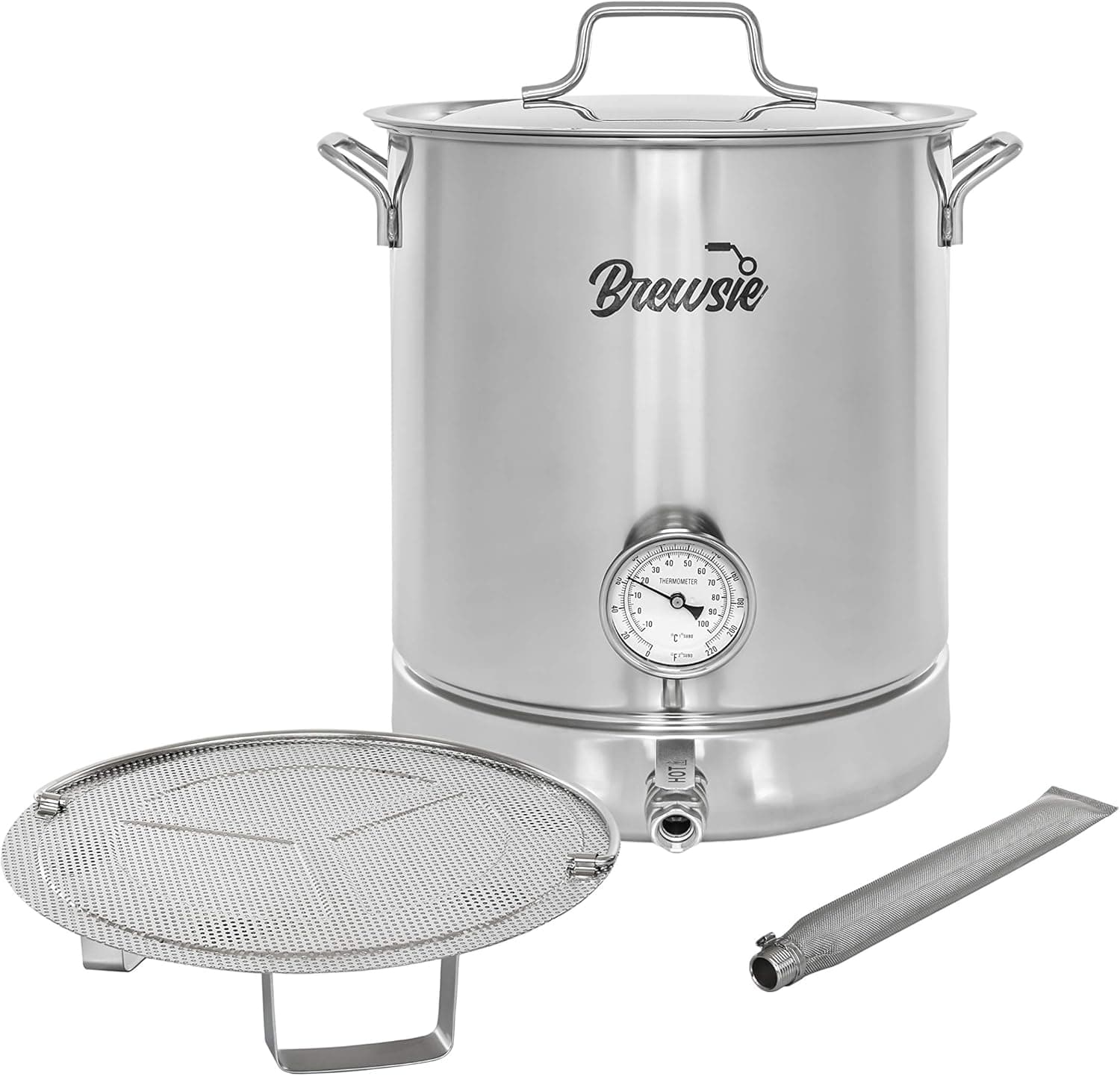 BREWSIE Stainless Steel Home Brew Kettle w/Dual Filtration, False Bottom, Thermometer, Ball Valve (16 Gal/64 QT)