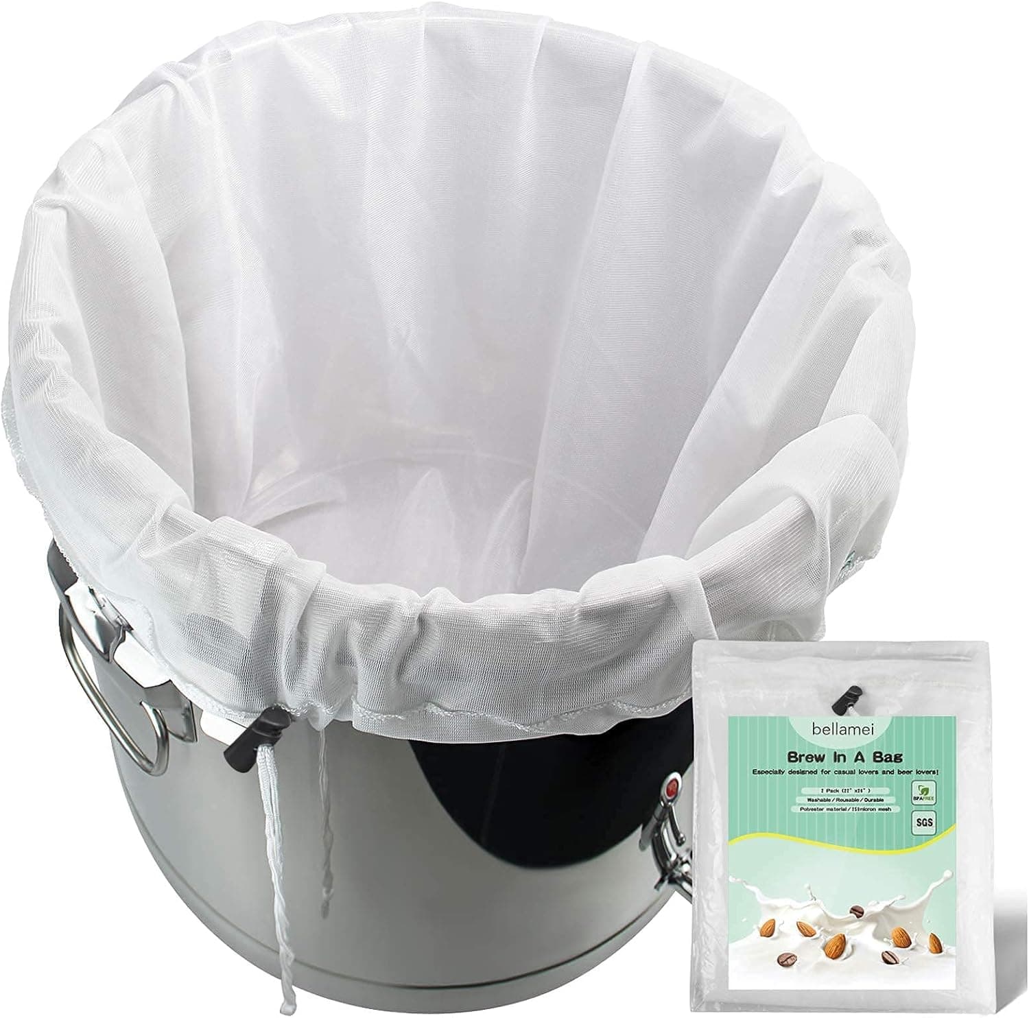 Bellamei Brew Bag Reusable 2 Pack 22x26 250 Micron Fine Mesh Bag with Drawstring