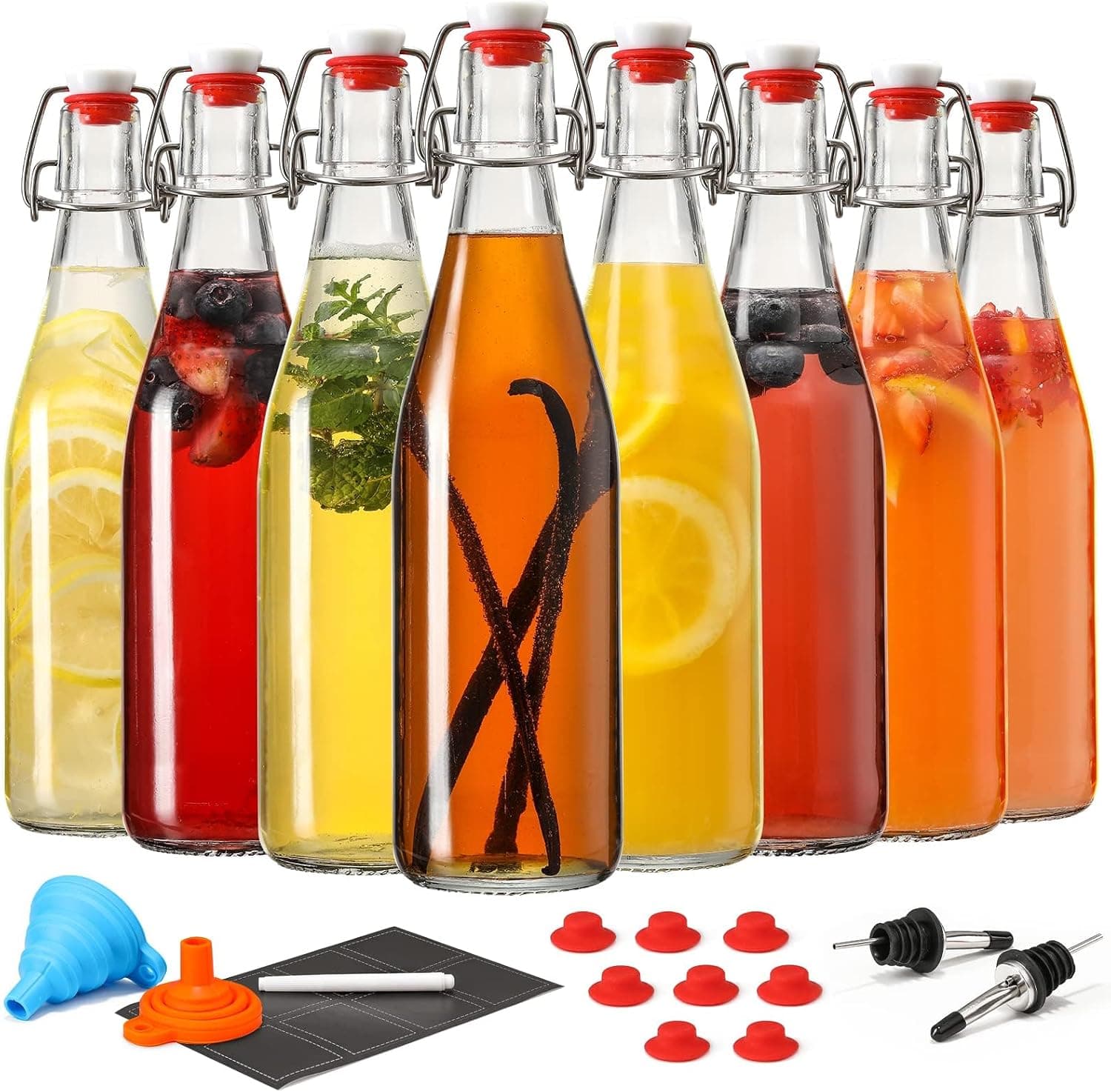 16 OZ Swing Top Glass Bottles (8 Set) - Flip Top Beer Brewing Bottles with Stopper, Bonus 2 Pourers