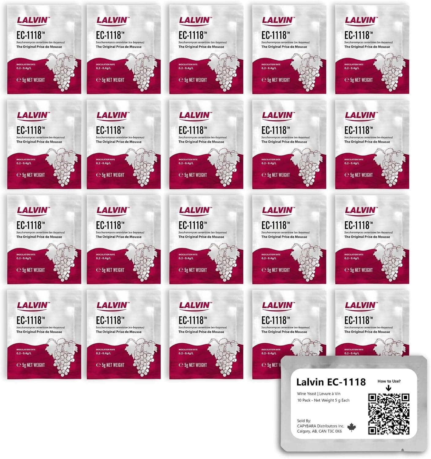 Lalvin EC-1118 Wine Yeast (20 Pack) - Champagne Yeast - 5 g Sachets