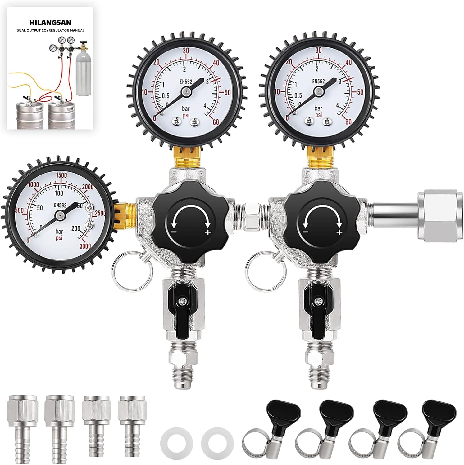 Hilangsan Dual CO2 Regulator for Kegerator, CGA-320 with Swivel Nut 1/4 & 5/16 Barb for Homebrew