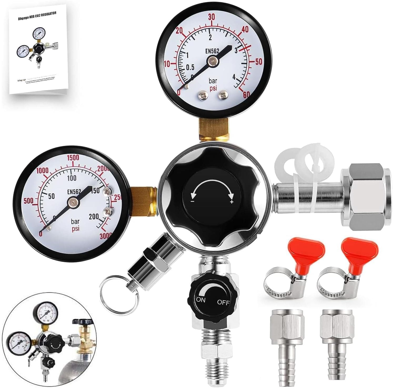 CGA-320 Kegerator Regulator, Dual Gauge CO2 Regulator with 1/4'' & 5/16'' Quick Disconnect Barb Connectors
