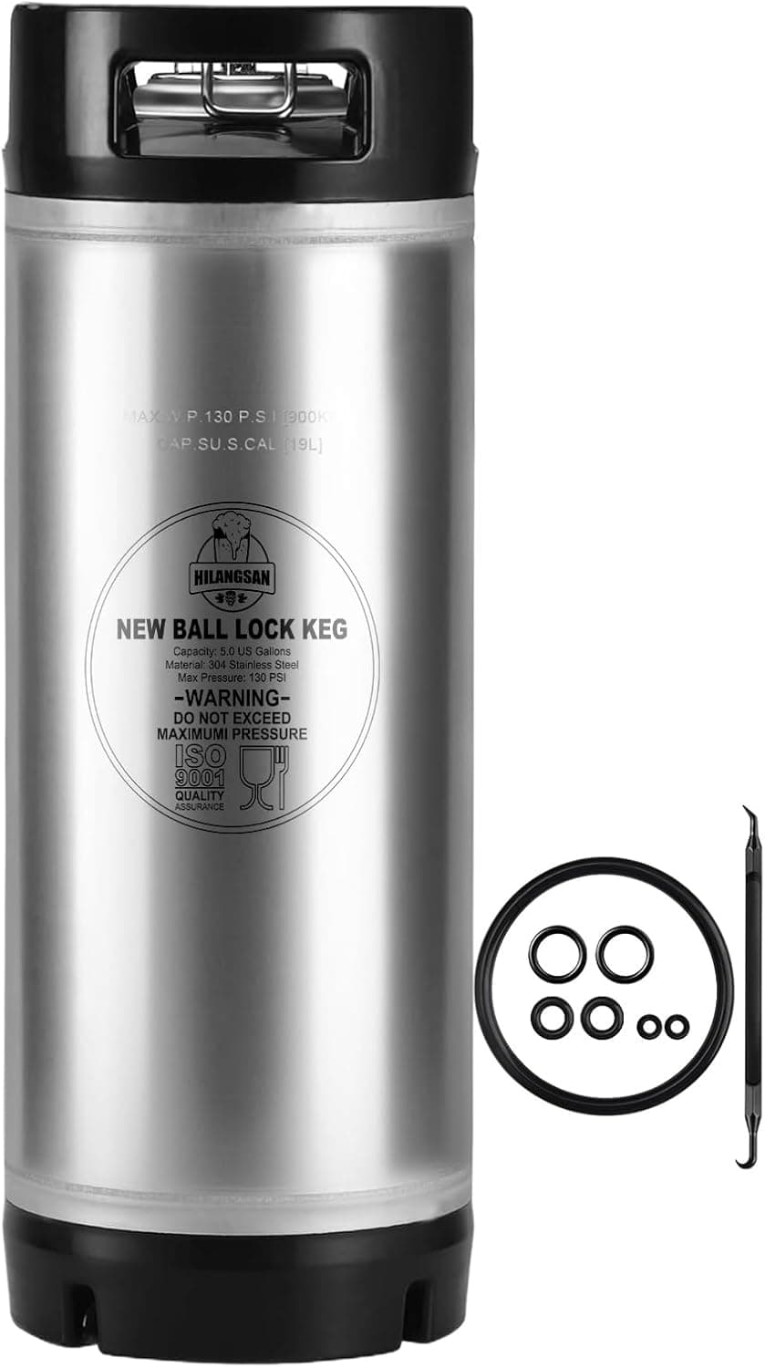 Hilangsan New 5 Gallon Corny Keg, Stainless Steel Cornelius Keg with Ball Lock Fittings, Dual Rubber Handle