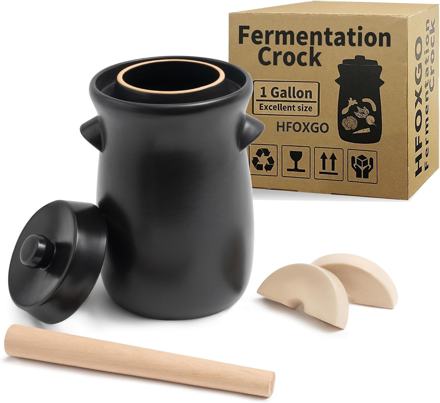 Fermentation Crock 3.8 Liter / 1 Gallon Stoneware Pot with Stone Weights, Lid & Pickle Tamper - Black