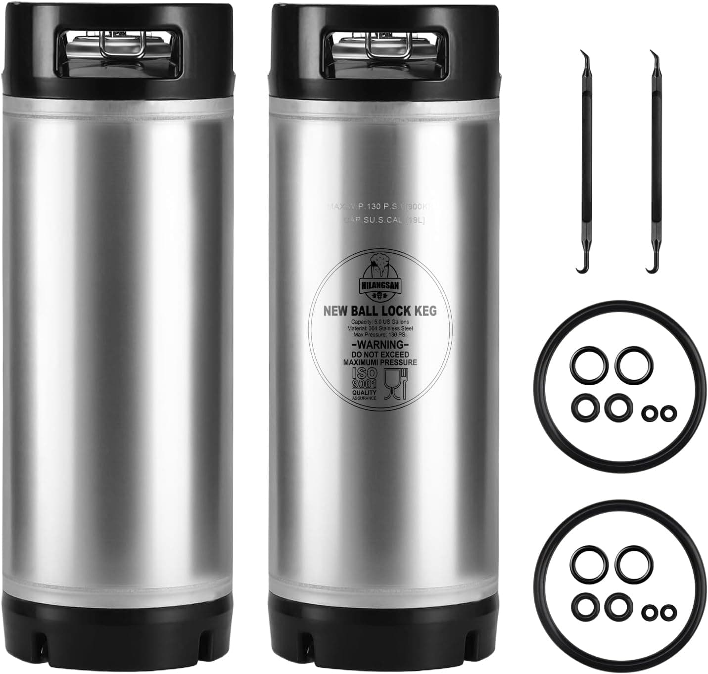 New Cornelius Keg 5 Gallon, 2Pcs Stainless Steel Corny Keg with Ball Lock Fittings, Dual Rubber Handle