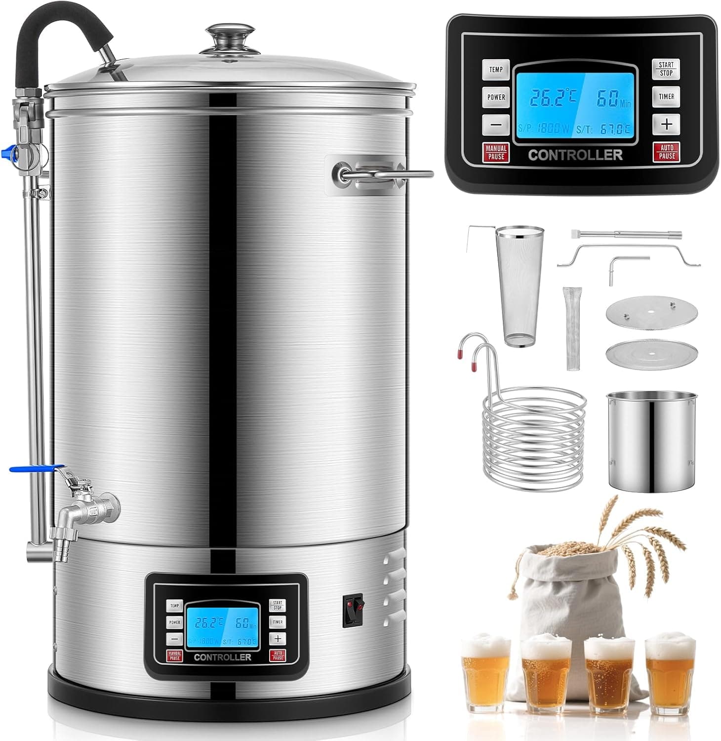 FOHERE All-in-One Electric Brewing System (9.2 Gal/35L), Stainless Steel, 7-Step Programmable