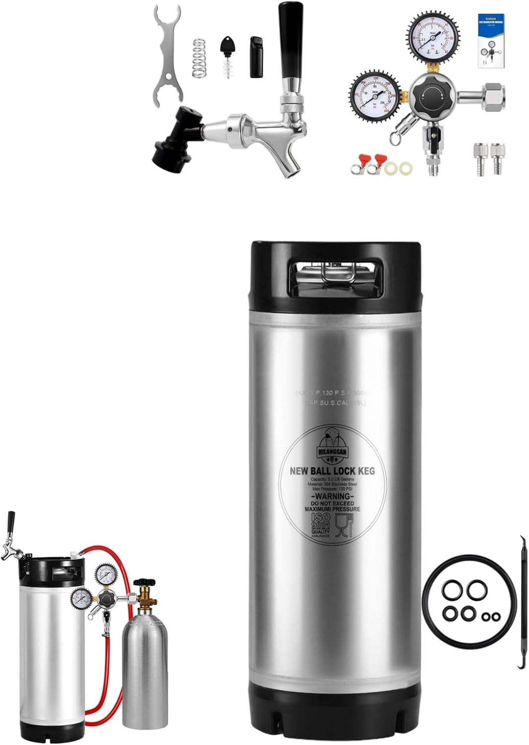 5 Gallon Cornelius Keg with CO2 Regulator Ball Lock Tap Self-Closing Beer Tap Faucet for Homebrew