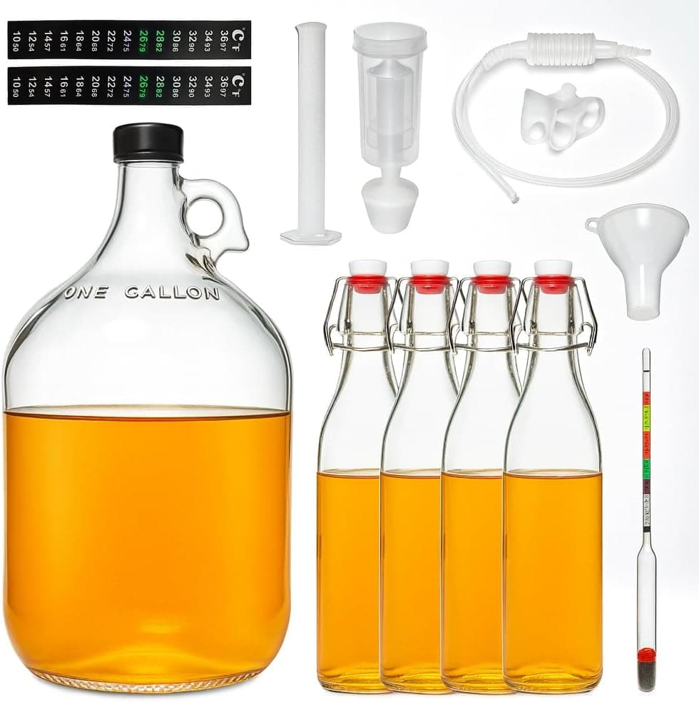 Complete Mead Making Kit for Beginners - 1 Gallon Glass Carboy Fermentation Set with Airlock, Hydrometer, Auto Siphon & 4 Bottles