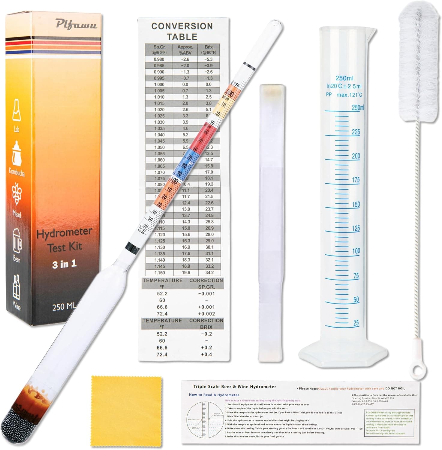 Plfawu Triple Scale Lab Hydrometer Kit with Glass Jar Cylinder ABV Brix SG Tester